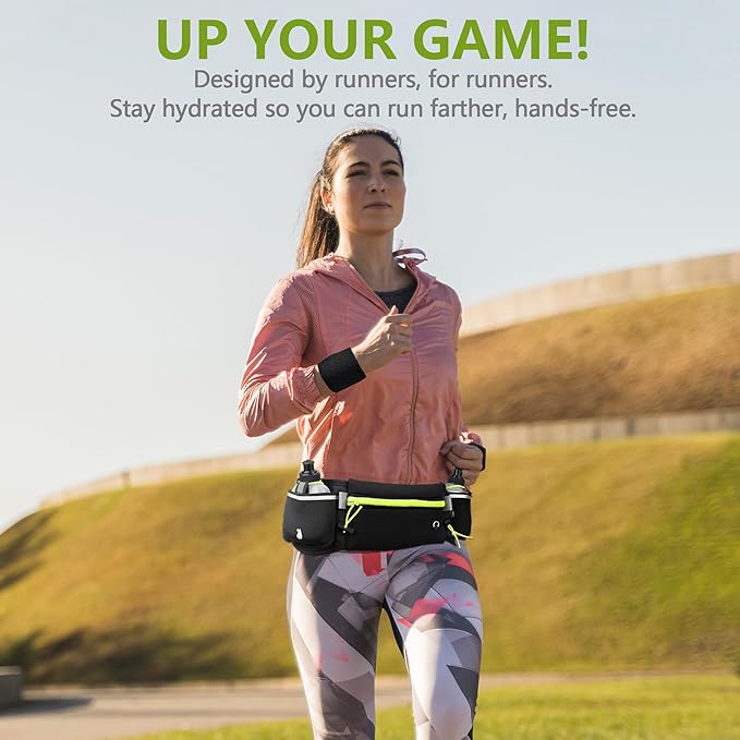 Hydration Running Belt for Women & Men with 2 Water Bottles – Water-Resistant Waist Pack & Phone Holder, No-Bounce Fit for Running, Hiking, Workouts – Bonus Sweatband, Fits All Phones-StrideForce Fitness