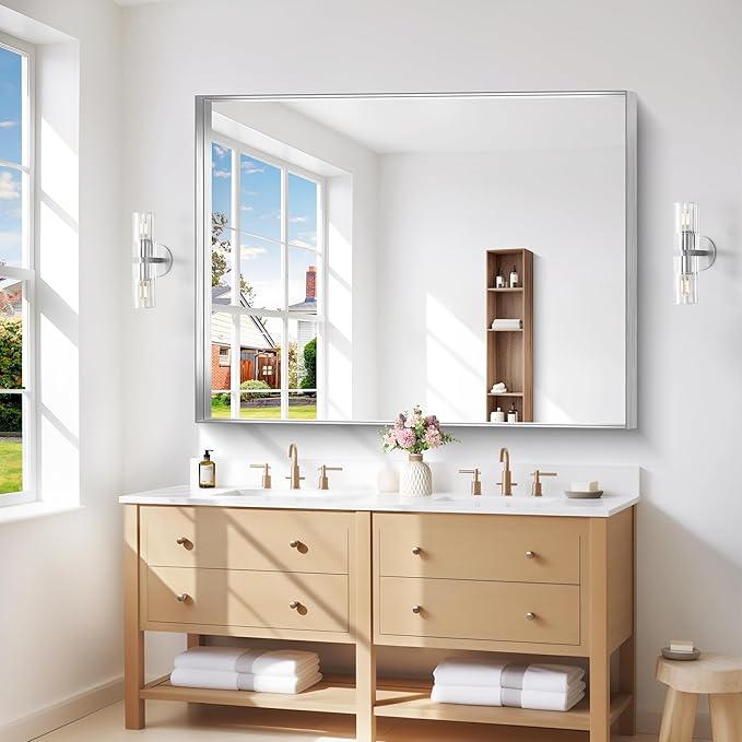 Silver Bathroom Mirror, 36x48 Inch Rectangular Deep Frame Mirror, Large Wall Mounted Bathroom Vanity Mirror Over Sink for Bedroom,Restroom, Living Room, Hangs Vertically or Horizontally-StrideForce Fitness