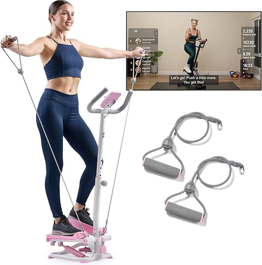 Sunny Health & Fitness Total Body 2-in-1 Smart Stepper Machine for Home with Handlebar and Resistance Bands, Total Body Workout, Adjustable Hydraulic, LCD Monitor, Non-Slip Pedals – 330 LB Max Weight-StrideForce Fitness
