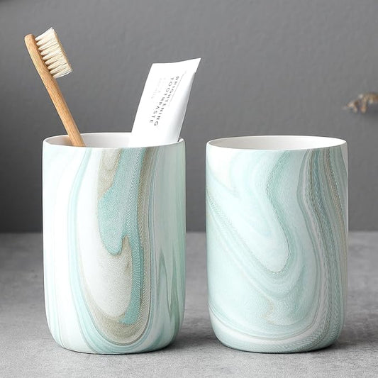 Green Marble Toothbrush Holders - Ceramic Toothbrush Holders for Bathrooms, Toothbrush Toothpaste Holders, Marble Bathroom Tumbler Cups Reusable Toothbrush Mouthwash Cup, Bathroom Counter Organizer