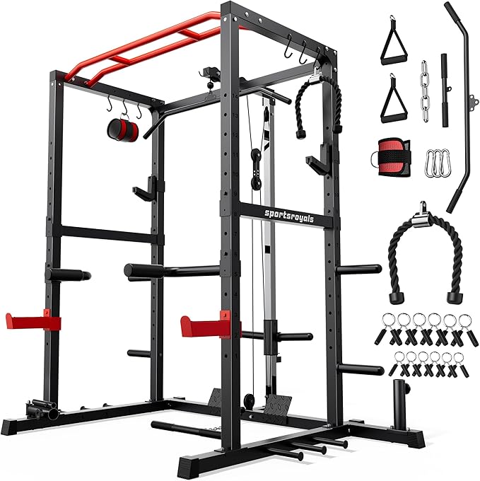 Sportsroyals Power Cage,1600lbs Multi-Function Power Rack with Adjustable Cable Crossover System and More Training Attachment, Weight Cage for Home Gym-StrideForce Fitness