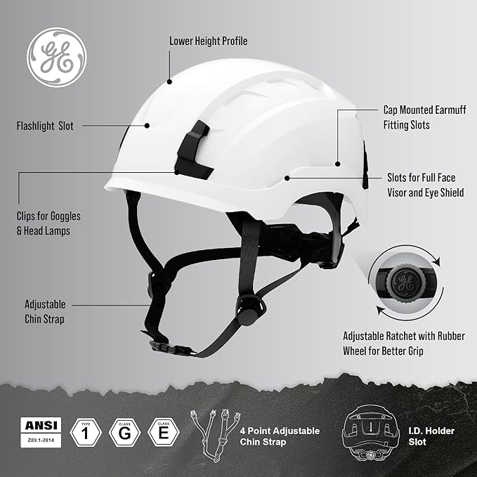 GE Safety Helmet, Impact Absorbing Tech, Adjustable Ratchet, ANSI Type 1, Memory Foam Padding, Hard Hats Protection, Lightweight, Durable, Chin Strap, Comfortable Fit OSHA Approved-StrideForce Fitness