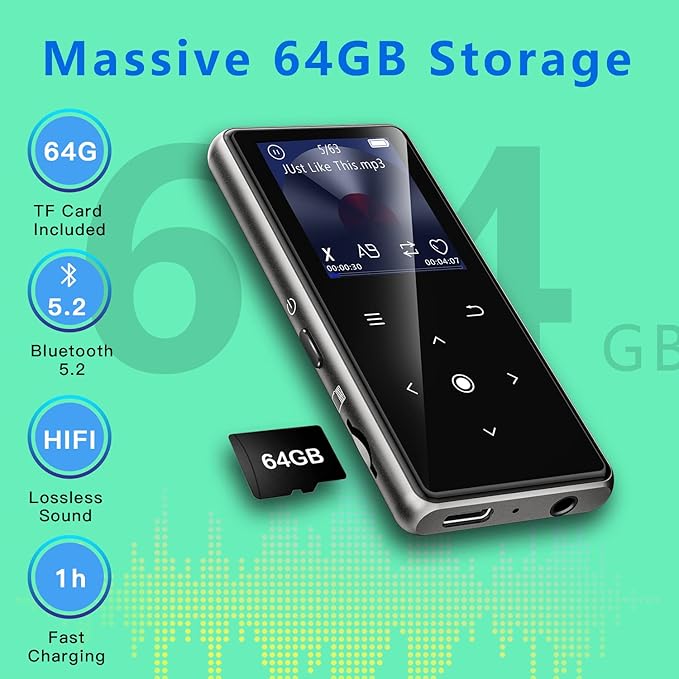 64GB MP3 Player with Bluetooth 5.2, AiMoonsa Music Player with Built-in HD Speaker, FM Radio, Voice Recorder, HiFi Sound, E-Book, Earphones Included-StrideForce Fitness