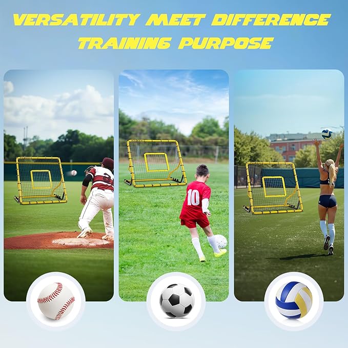 Baseball Rebounder Net,4x4.5FT Multi-Sport Pitch Back Rebounder Steel Frame with 4 Adjustable Angles, 40pcs Bungees Soccer, Volleyball&Lacrosse Trainer for Solo Fielding,Pitching and Reflex Training-StrideForce Fitness