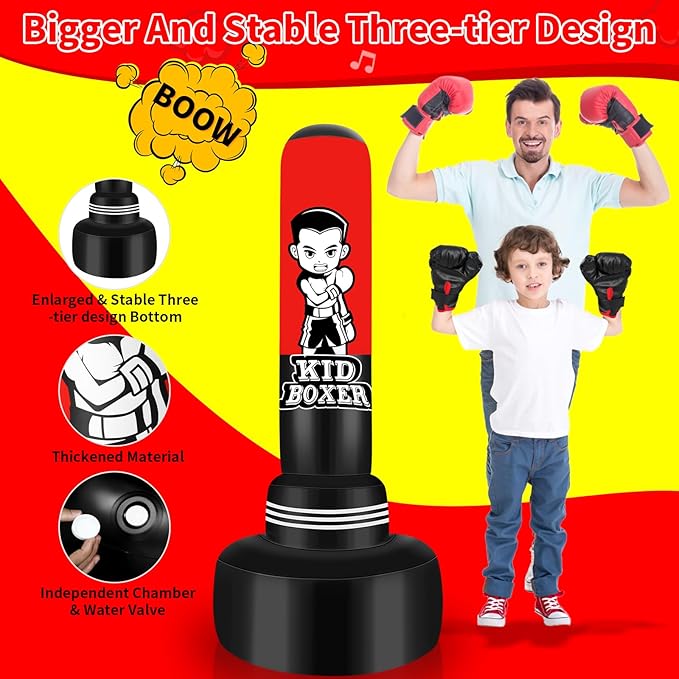 Punching Bag for Kids Set 65" Large Three-Tier Design Stable, Inflatable Boxing Bag Set Toy with Boxing Gloves and Electric Air Pump, Kid Standing Bag for Boys Girls Age 3-15 Training Karate..-StrideForce Fitness
