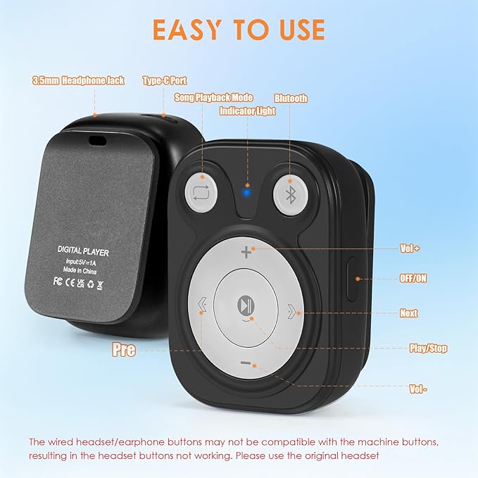 Clip MP3 Player: Bluetooth 5.3, Earphones Included, 15 Hours Battery Mini Music Player, 1000+ Songs Storage, No Phone Needed, Portable Music Players for Sports, Reading, Learning (64GB-Black)-StrideForce Fitness