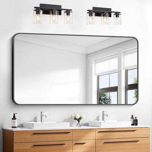 30x55 inch Bathroom Mirror,Black Rectangle Mirror,Wall Mounted Bathroom Frame Vanity Mirror with Round Corner for Bedroom Living Room, Entryway Hangs Horizontal or Vertical-StrideForce Fitness