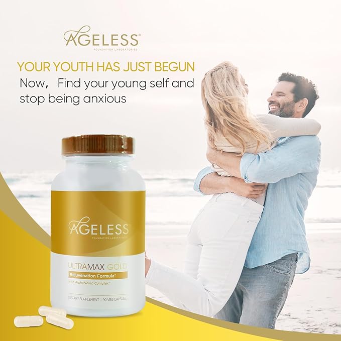 AGELESS™: UltraMAX Gold™ Capsules, HGH Anti-Aging Supplement for Women, Slows Cellular Aging, Supports Immune Health, Smoother Skin Tone and Restorative Sleep, Weight Management, 90 Capsules-StrideForce Fitness