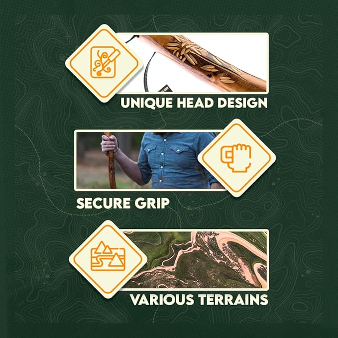 SE 60-Inch Natural Wood Walking Stick with Root Head & Steel Tip - Hand-Carved Floral Design, Huangtang Wood, Grooved Grip - WS631-60RH-StrideForce Fitness