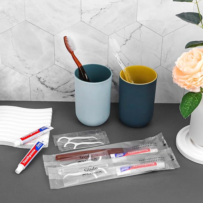 50 pcs Disposable Toothbrushes with Toothpaste Floss Individually Wrapped, 2 Color Disposable Toothbrush Bulk, 10g Toothpaste, Dental Floss Pick for Homeless,Airbnb,Hotel,Guest