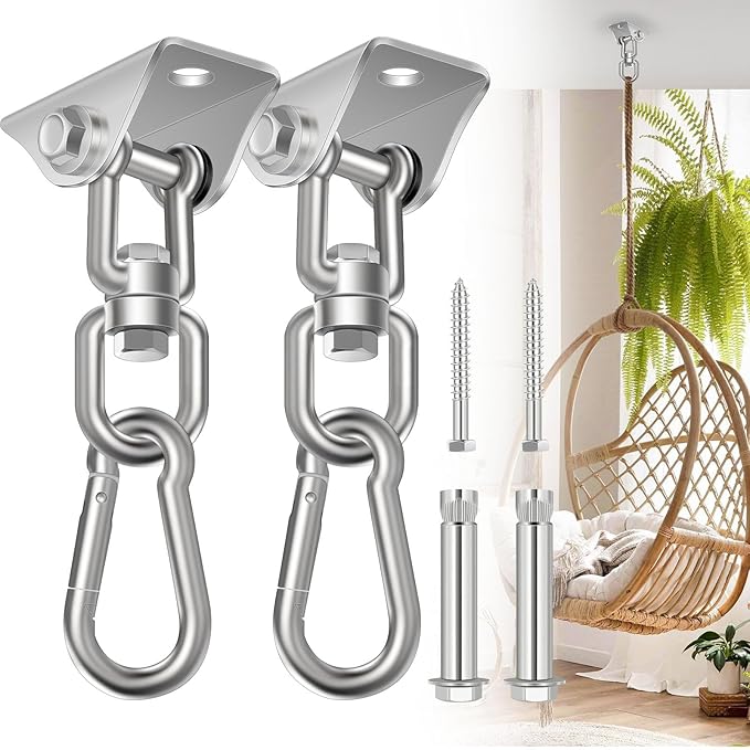 Hammock Hanging Kit 2 Pack, Porch Swing Hanging Kit 1200 Lb Capacity, Hammock Ceiling Hooks Heavy Duty 360° Stainless Steel Rotating Hanging Swing Chair for Hammock Chair Stand, Porch, Yoga, Gym-StrideForce Fitness