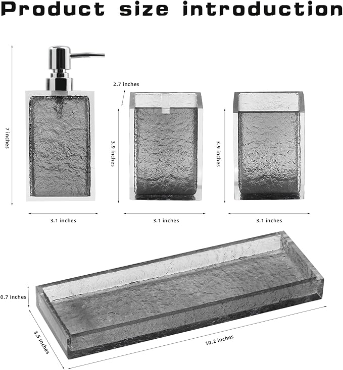 Bathroom Accessories Set, 4Pcs Hand Soap Dispenser and Toothbrush Holder Set, Tumbler Mouthwash Cup, Vanity Tray for Modern Home Decor Bathroom Countertop Organizer (Grey)