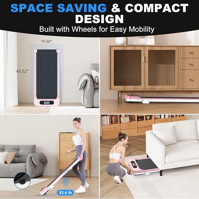 Incline Walking Pad with Handle Bar, Folding Treadmill Foldable Portable Under Desk for Home Office, Ultra Quiet <45dB, Safety Lock, 300+ LB Capacity-StrideForce Fitness