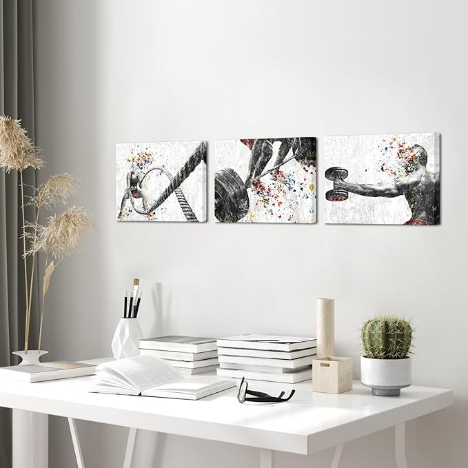 KREATIVE ARTS 3 Pieces Fitness Gym Canvas Wall Art - 12"x16" Framed Workout Prints with Weightlifting, Dumbbell, Barbell & Fitness Rope Motifs, Black & White Sport Painting, Home Gym Decor-StrideForce Fitness