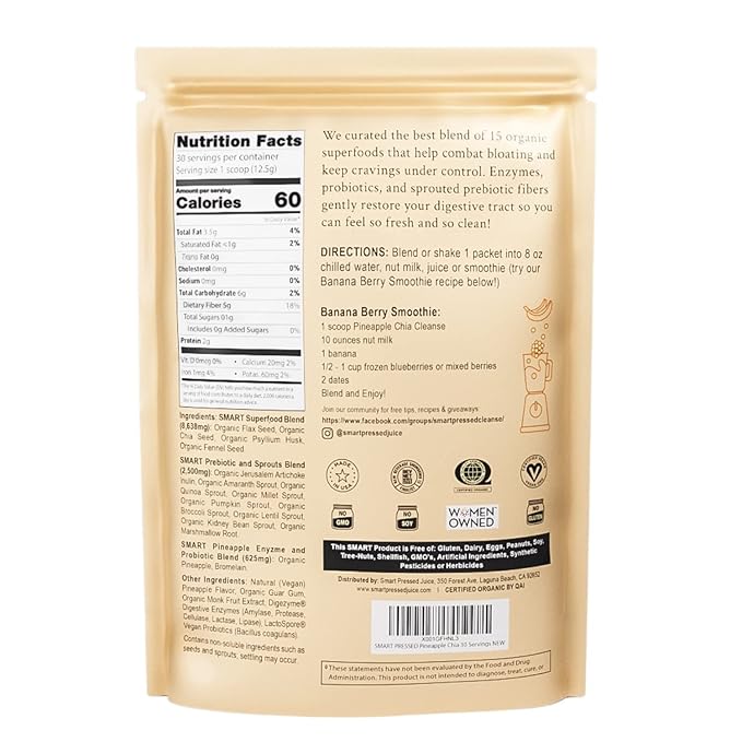 SMART Pressed Juice Pineapple Chia Cleanse | Prebiotic Superfood Plant Based Fiber with Vegan Probiotics & Enzymes | Pineapple Juice Cleanse for Women & Men | 30 Servings-StrideForce Fitness