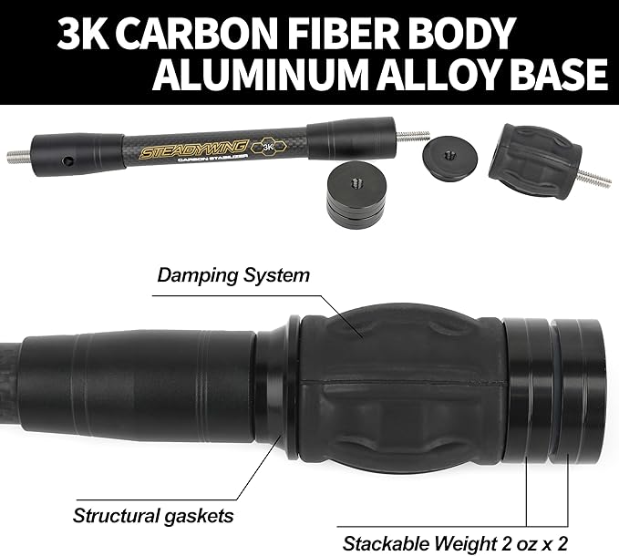 AMEYXGS Archery Bow Stabilizer for Compound Bow, 3K Carbon Fiber 6", 8", 10", 12" 15" Rods, Damping System, Weights Kit, Single Side V-Bar Mount,Quick Disconnect-StrideForce Fitness