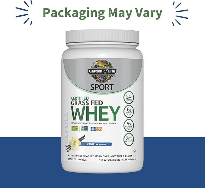 Garden of Life SPORT Whey Protein Powder Vanilla, Premium Grass Fed Whey Protein Isolate plus Probiotics for Immune System Health, 24g Protein, Non GMO, Gluten Free, Cold Processed - 20 Servings-StrideForce Fitness
