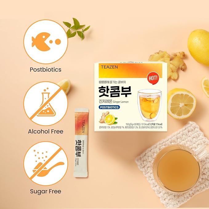 TEAZEN Lemon Ginger Hot Kombucha Tea, Live Probiotics & Postbiotics, Relaxation and Warmth for Colds and Sore Throat, Hydration Drink Mix, Sugar Free, 30 Sticks, 5.29oz-StrideForce Fitness