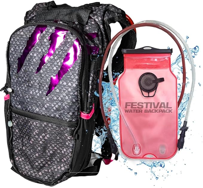 RAVERUNNER® Dino Festival Water Backpack - Dual Chamber Hydration - 3L Insulated Water Backpack for Raves, Festivals, Hiking, Running - Festival Hydration Pack for Hydration Backpack Rave-StrideForce Fitness