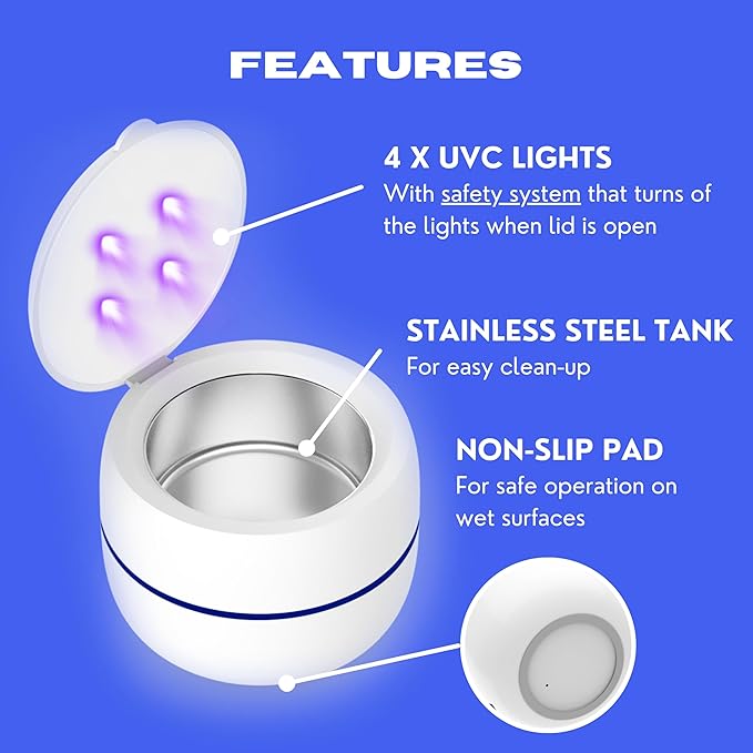Ultrasonic Retainer Cleaner Machine with UV Lights for Invisalign, Aligner, Night Guard, Denture, Whitening Tray, Mouth Guard and Toothbrush Head - Dental Ultrasonic Cleaning Pod