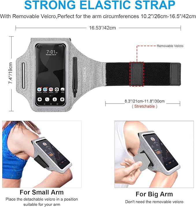 GUZACK Running Armband Case for iPhone 16/15/14/13/12/11 Pro Max, Galaxy S25/S24/S23/S22, Universal Cell Phone Arm Holder with Key Pocket & Card Slot, Gray-StrideForce Fitness