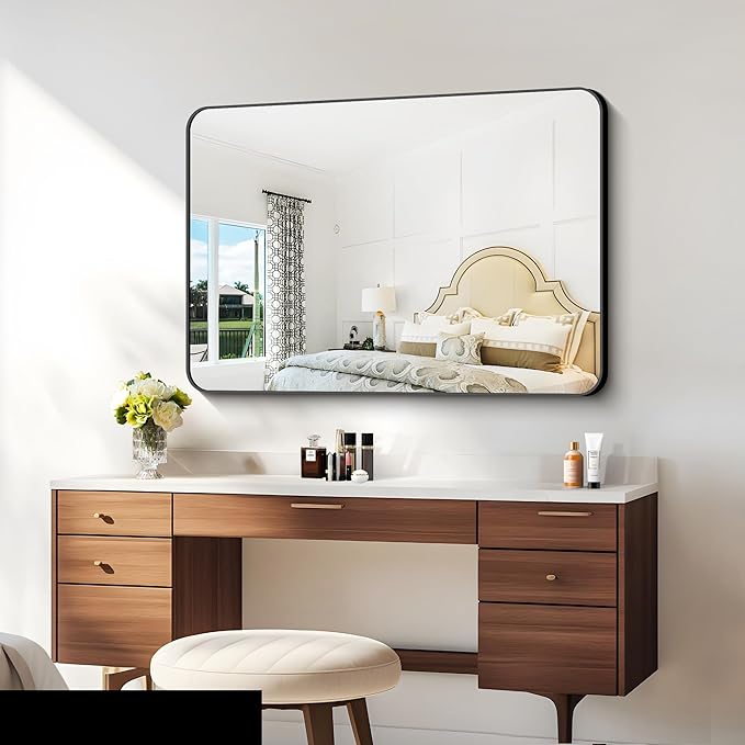 30x40 inch Bathroom Mirror,Black Rectangle Mirror,Wall Mounted Bathroom Frame Vanity Mirror with Round Corner for Bedroom Living Room, Entryway Hangs Horizontal or Vertical-StrideForce Fitness
