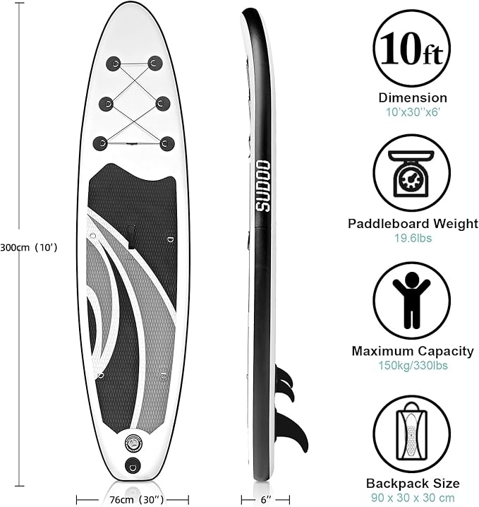 Inflatable Stand Up Paddle Board 10‘x30‘‘- Ultra-Light SUP with Backpack, Pump, Paddle, Coil Leash, 3 Fins, Repair Kit, Stable Design, Non-Slip EVA Deck for Adults & Youth-StrideForce Fitness