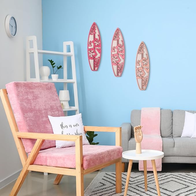 3 Pieces Hibiscus Surfboard Decor for Bedroom Wooden Beach Wall Decor Summer Wood Surfboard Wall Hanging Sign for Tropical Living Room Decoration(Pink)-StrideForce Fitness