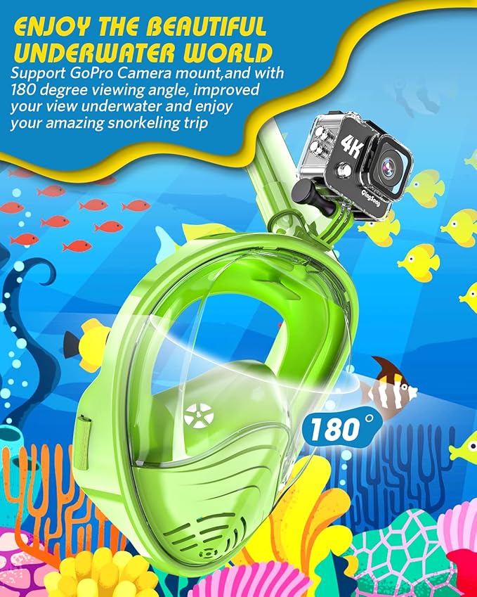 QingSong Kids Snorkel Mask Full Face, Snorkeling Set with Camera Mount, Foldable 180 Degree Panoramic View Snorkeling Gear Anti-Fog Anti-Leak-StrideForce Fitness