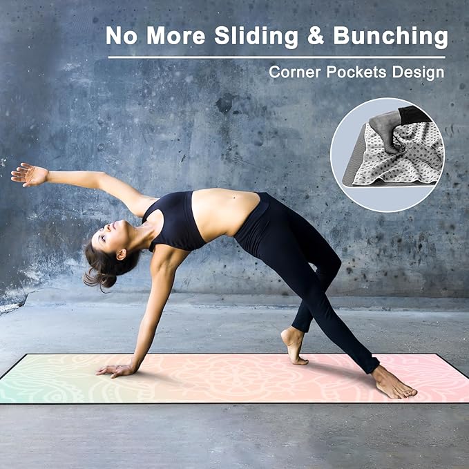 QiyI Yoga Mat Towel with Corner Pockets, Non Slip Sweat Absorbent Hot Yoga Towels, Soft Yoga Blankets with Travel Bag, Skidless Mat Cover for Workout, Gym, Fitness - 70"x26", Dreamy Pink Mandala-StrideForce Fitness