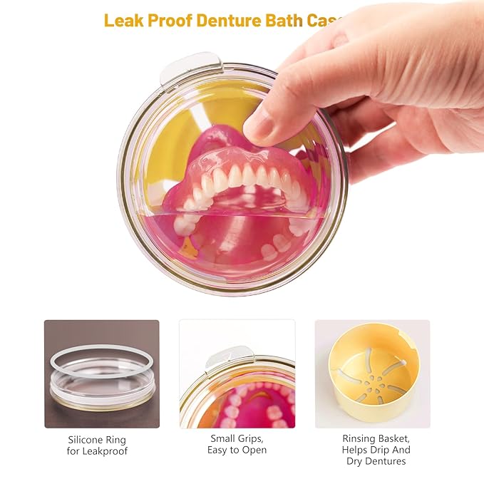 Denture Case, Leak Proof Denture Bath Cup, Full & Partial Denture Clean Holder Box with Strainer, Denture Brush, Denture Soaking Container Cups for Dentures, Retainers, Mouth Guard Storage Case-Yellow