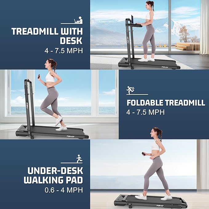 Walking Pad Treadmill with Desk Workstation, 10% Incline Foldable Treadmill with Handrail, 300lbs Capacity, 3 Control Methods, 8 in 1 Folding Treadmills for Home Office-StrideForce Fitness