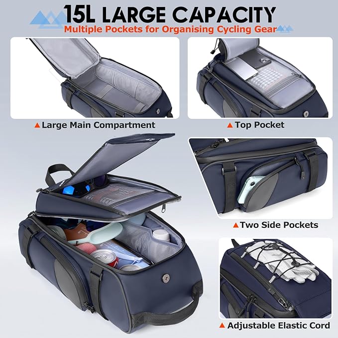 RAINSMORE Bike Bags for Bicycle Rear Rack 15L Waterproof Bike Ebike Trunk Pannier Saddle Bag with Rain Cover Bike Accessories Backpack Shoulder Bag for Commuter Travel Outdoor, Blue-StrideForce Fitness