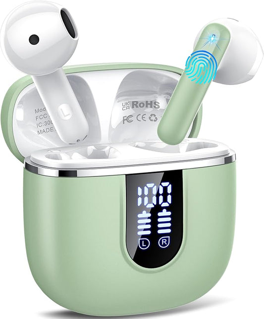 Wireless Earbuds, Bluetooth 5.4 Headphones with 3D Bass Stereo, 40H Ultralight in-Ear Buds, Bluetooth Earbuds with 4 ENC Noise Cancelling Mic, USB-C, IP7 Waterproof Earphones for Android iOS, Green-StrideForce Fitness