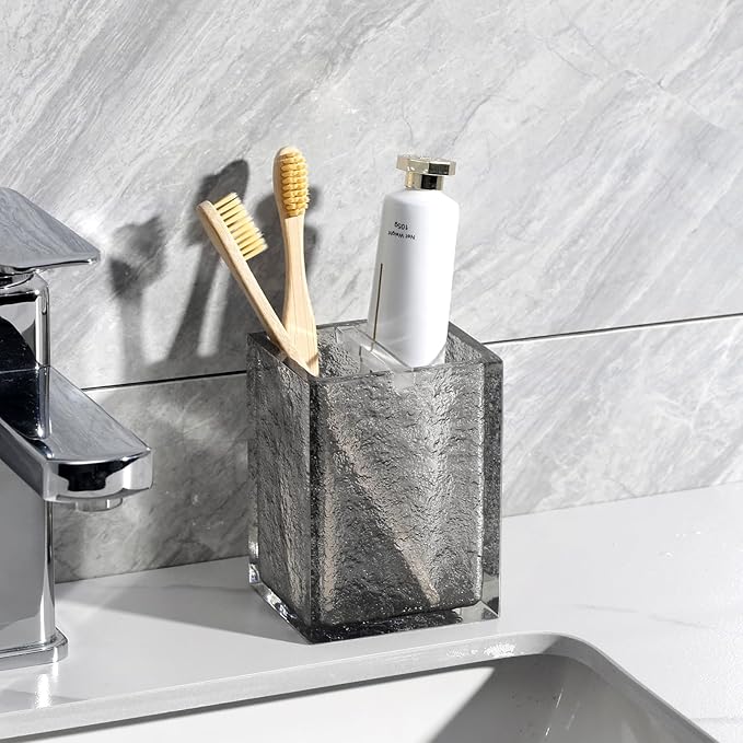 Bathroom Accessories Set, 4Pcs Hand Soap Dispenser and Toothbrush Holder Set, Tumbler Mouthwash Cup, Vanity Tray for Modern Home Decor Bathroom Countertop Organizer (Grey)