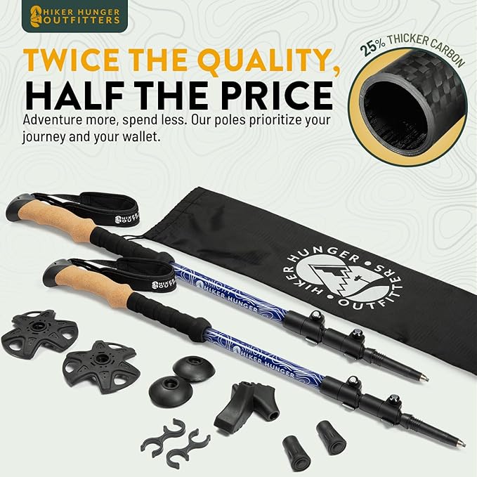 100% Carbon Fiber Trekking Poles by USA Brand - Ultra Strong Lightweight Collapsible Hiking Poles with Cork and EVA Foam Grips & Quick Adjustable Flip Locks-StrideForce Fitness