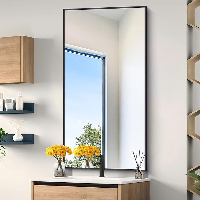 Black Bathroom Mirror for Wall, 24x48 Inch Rectangle Mirrors with Metal Frame, Modern Vanity Wall Mirror Decor for Entryway Hangs, Bathroom Living Room Horizontal or Vertical-StrideForce Fitness