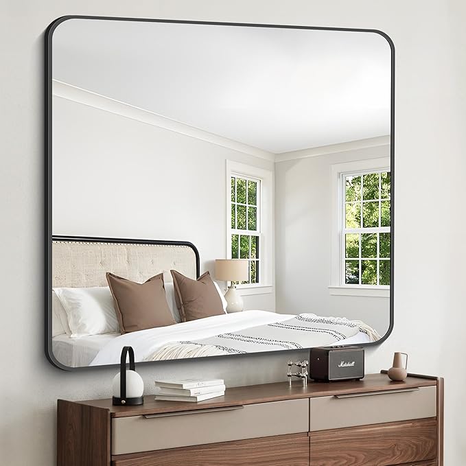 FORBATH Bathroom Mirror 42x42 Inch, Large Square Vanity Mirror with Black Aluminum Frame Rounded Corner, Wall Mounted Mirror for Bathroom Bedroom Entryway Living Room Home Decoration-StrideForce Fitness
