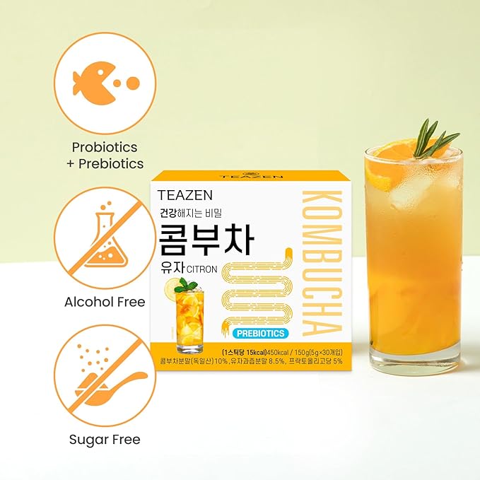 TEAZEN Citron Kombucha Tea, Hydration Drink Mix, Sugar Free, Live Probiotics & Prebiotics, 30 Sticks, 5.29oz-StrideForce Fitness