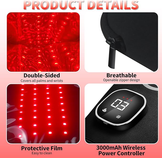 Cordless Red Light Therapy Glove,USB Rechargeable LED Infrared Light Therapy for Pain Relief,Red Light Therapy for Hands Palms Wrists and Elbows,660nm & 850nm,with Zipper Design-StrideForce Fitness