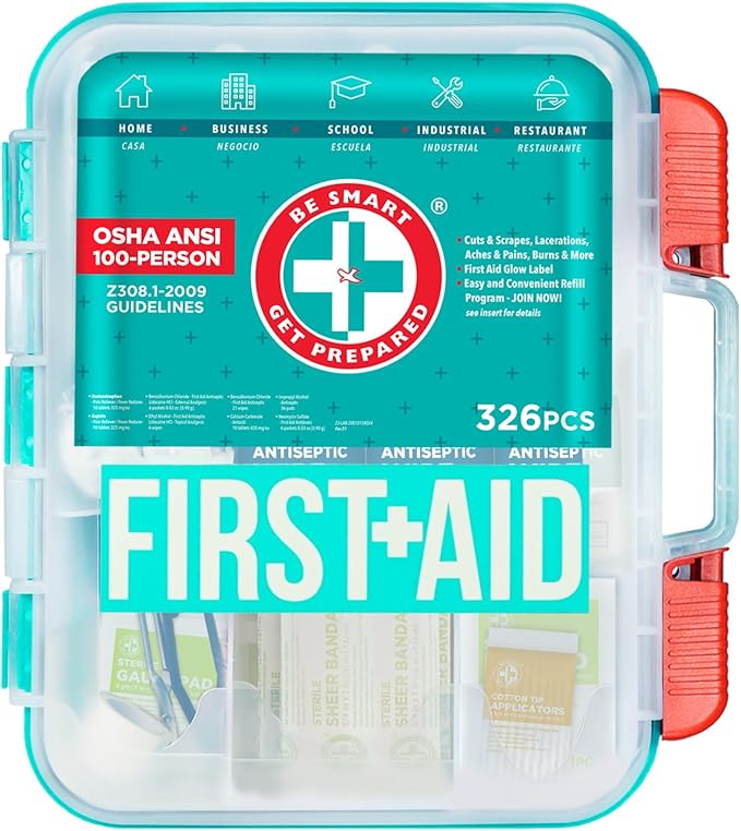 Be Smart Get Prepared First Aid Kit, Teal, 326 Piece, Exceeds OSHA and ANSI Guidelines 100 People - Office, Home, Car, School, Emergency, Survival, Camping, Hunting and Sports-StrideForce Fitness