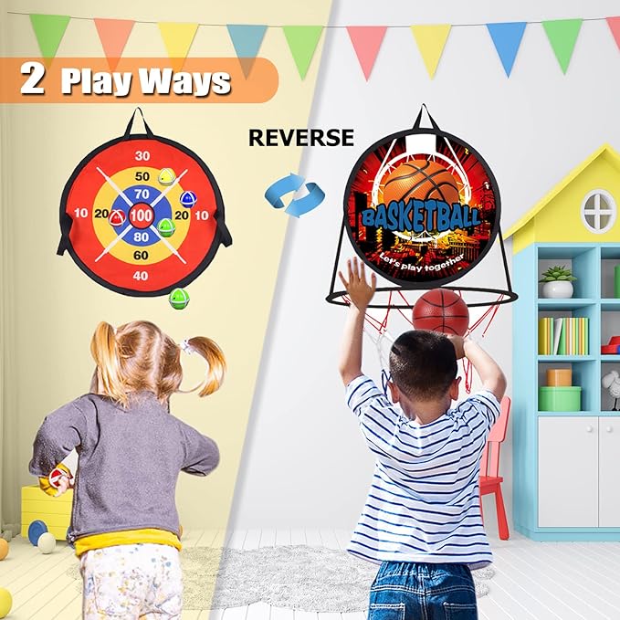 2 in 1 Basketball Hoop and Dart Board, 14" Dart Board for Kids, Basketball Hoop for Kids Toddlers, Sports & Outdoor Play, Birthday Gift Toys for 3 4 5 6 7 8 9 10 Year Old Boys Girls Kids, Party Favors-StrideForce Fitness