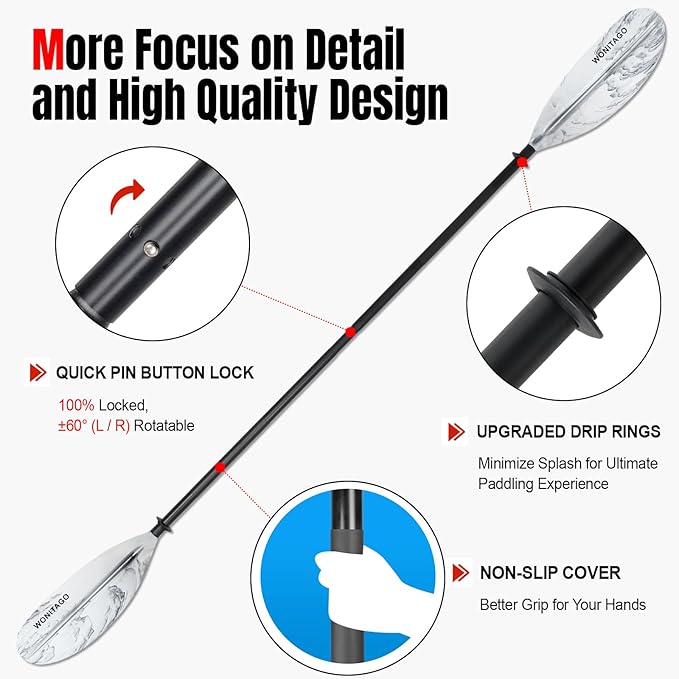 Kayak Paddles with Alloy Shaft and PP Blade, Floating Kayaking Oars, Adjustable 230-250 cm/90-98 Inches, 210-230 cm/82-90 Inches-StrideForce Fitness