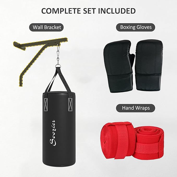 Soozier Unfilled Punching Bag for Adults, Heavy Bag Wall Mount Set with Bracket, Boxing Gloves, Hand Wraps and 360° Swivel Hook for Muay Thai and MMA Training-StrideForce Fitness