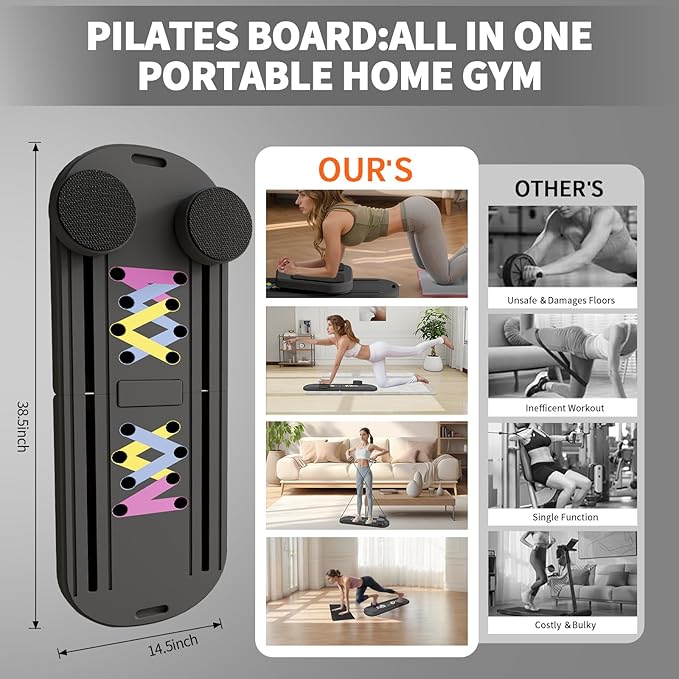 Pilates Reformer Board, 6 in 1 Portable & Foldable Pilates Reformer Set with Resistance Bands, Pilates Board for Home Workout, Multifunctional Abdominal Board-StrideForce Fitness