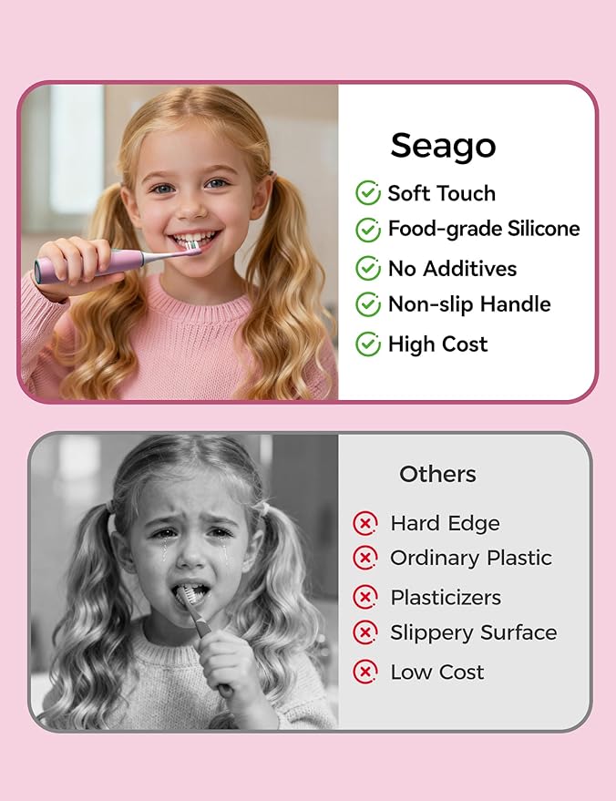 SEAGO Kids Electric Toothbrushes for Ages 5-8 with 2 Sizes Soft Brush Heads, Soft Silicone Handle, 2-Min Timer, IPX7 Waterproof, 35000VPM, Rechargeable 70 Day Battery Life with Charging Base (Pink)