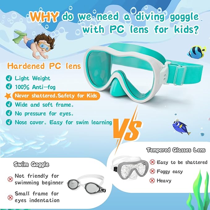 Kids Swim Goggles 180° Snorkel Diving Mask with Nose Cover, Anti-Fog Kids Swimming Goggles with Elastic Fabric Strap for Kids Boys Girls-StrideForce Fitness