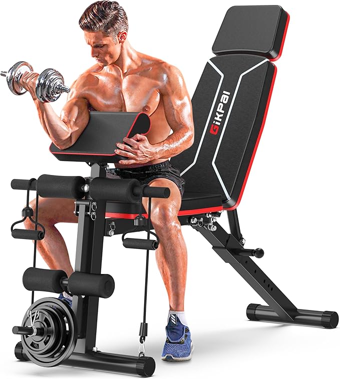 Adjustable Weight Bench, Bench Press for Full Body Workout, Foldable Workout Bench for Home Gym, Strength Training Bench to Incline Decline Flat w/Leg Extension and Headrest-StrideForce Fitness