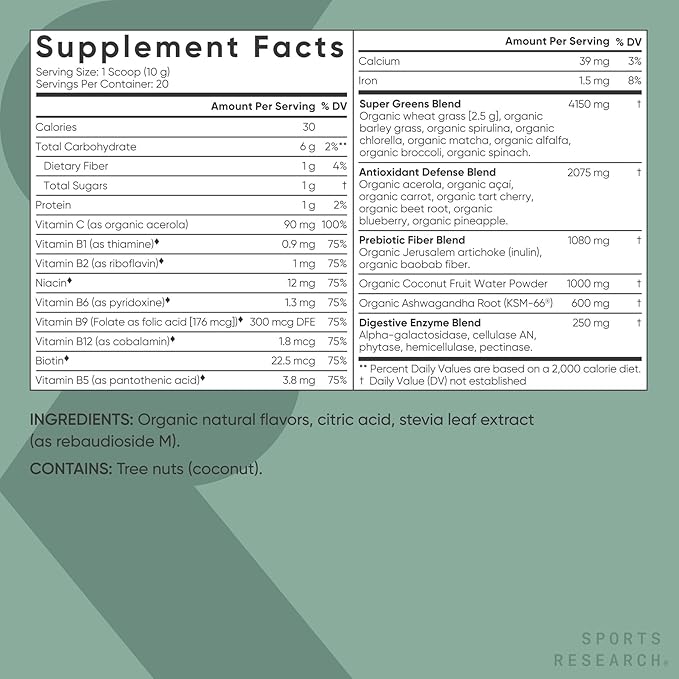 Sports Research® Organic Greens Superfood Powder w/Spirulina & Chlorella, Adaptogens, Enzymes, Probiotics & 8 VIT Bs for Gut & Mood Support* - Vegan, Sugar-Free & Low-Cal Original 20 Servings-StrideForce Fitness