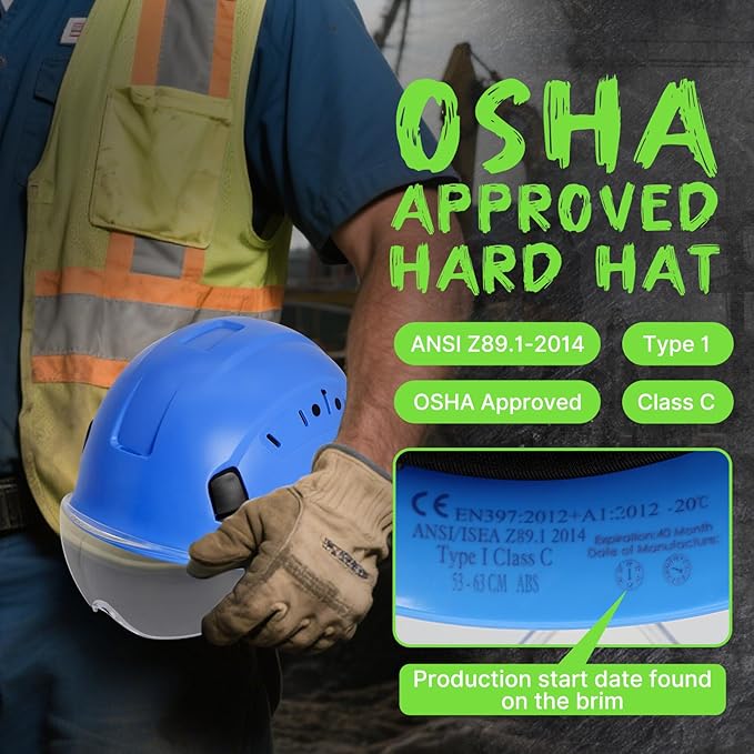 AOLAMEGS Construction Blue Hard Hats - Adjustable Vented Hard Hat with Visor for Men Women ABS Safety Helmet 6-Point Suspension Work Safety Helmet for Outdoor Height Industrial (with Clear Visor)-StrideForce Fitness